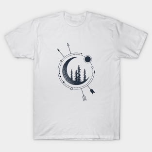 Forest And Сrescent. Pine Trees On The Moon. Creative Illustration. Geometric, Line Art Style T-Shirt